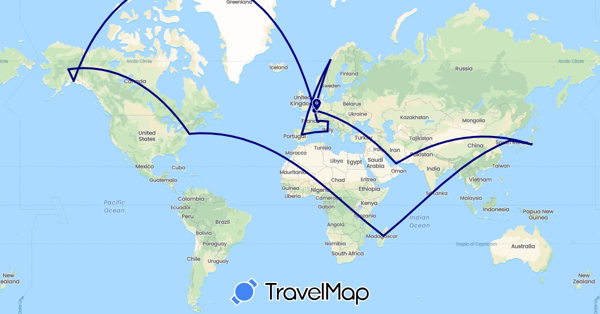 TravelMap itinerary: driving in United Arab Emirates, Belgium, Switzerland, Spain, Italy, Japan, South Korea, Madagascar, Norway, United States (Africa, Asia, Europe, North America)